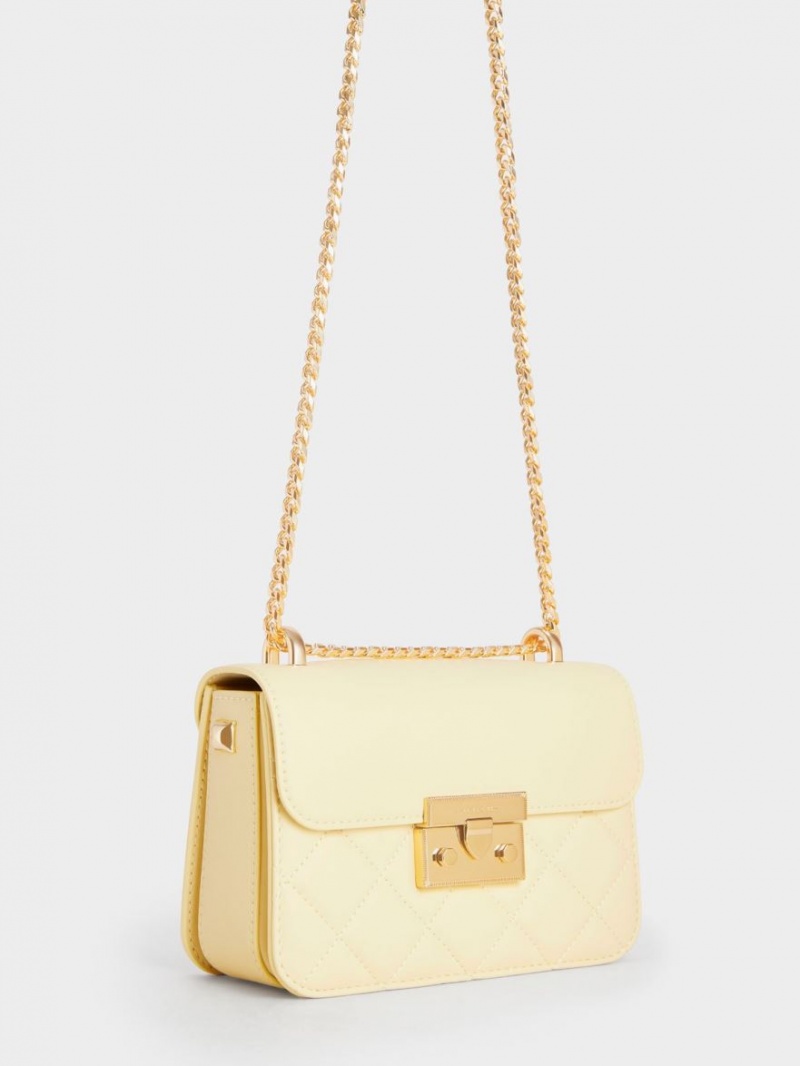 Charles And Keith Metallic Push-Lock Chain Crossbody Bags Yellow | PHILIPPINES R913