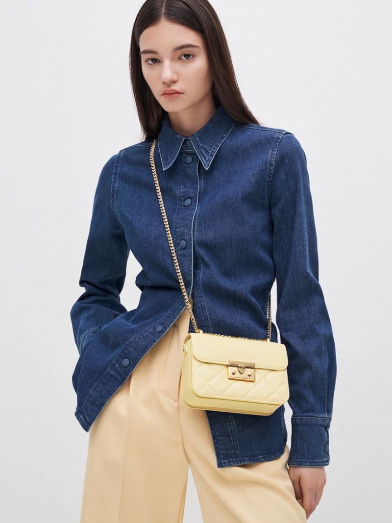 Charles And Keith Metallic Push-Lock Chain Crossbody Bags Yellow | PHILIPPINES R913