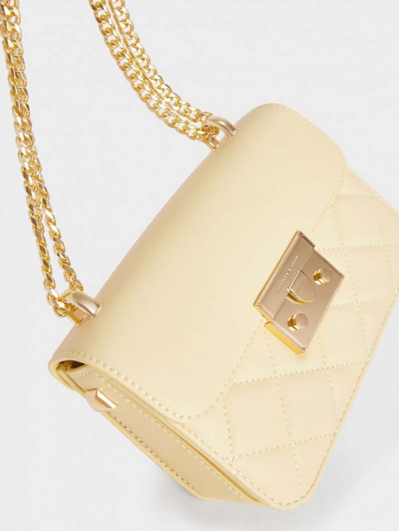 Charles And Keith Metallic Push-Lock Chain Crossbody Bags Yellow | PHILIPPINES R913