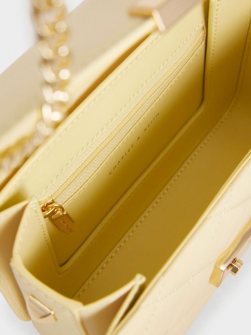 Charles And Keith Metallic Push-Lock Chain Crossbody Bags Yellow | PHILIPPINES R913