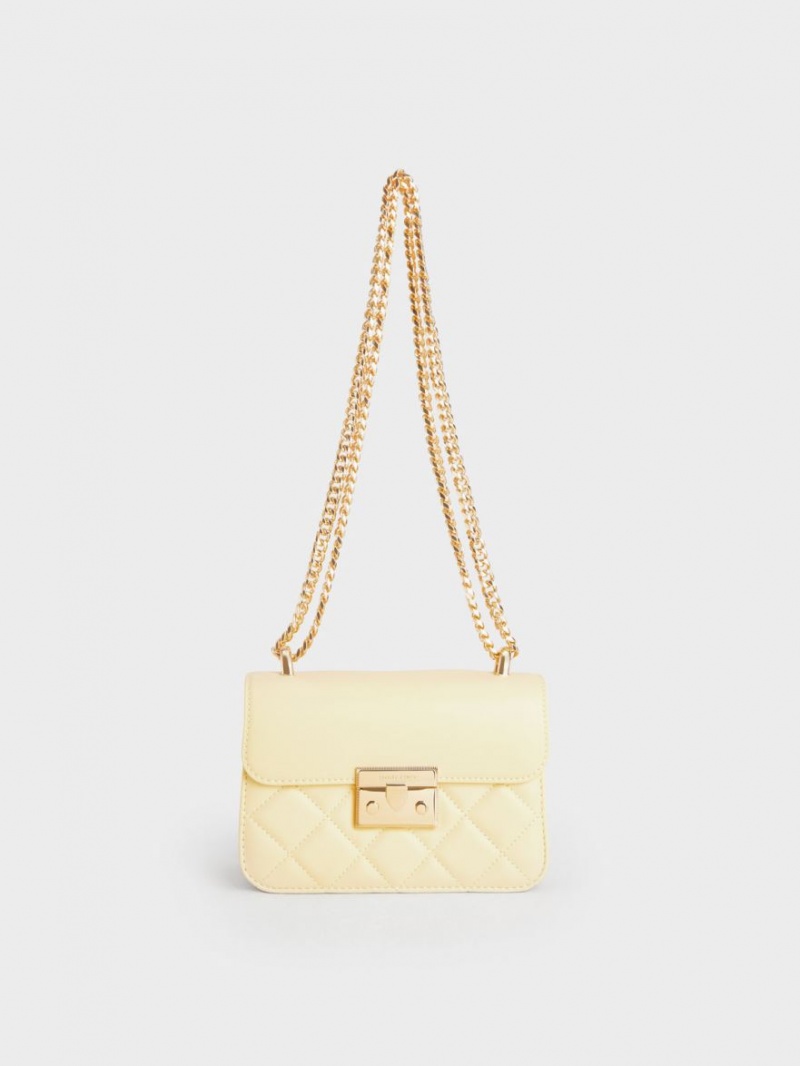 Charles And Keith Metallic Push-Lock Chain Crossbody Bags Yellow | PHILIPPINES R913