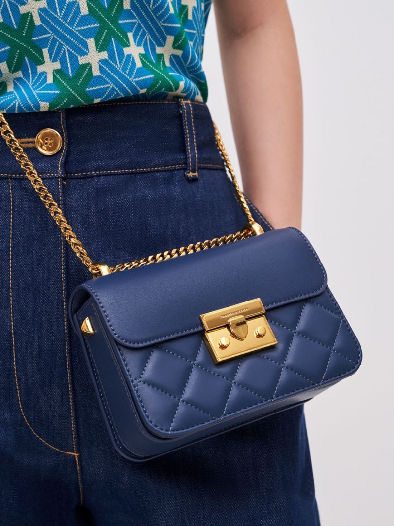 Charles And Keith Metallic Push-Lock Chain Shoulder Bags Navy | PHILIPPINES M084