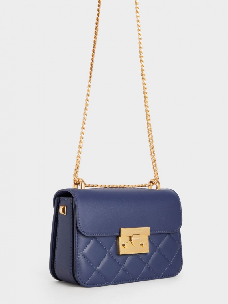 Charles And Keith Metallic Push-Lock Chain Shoulder Bags Navy | PHILIPPINES M084