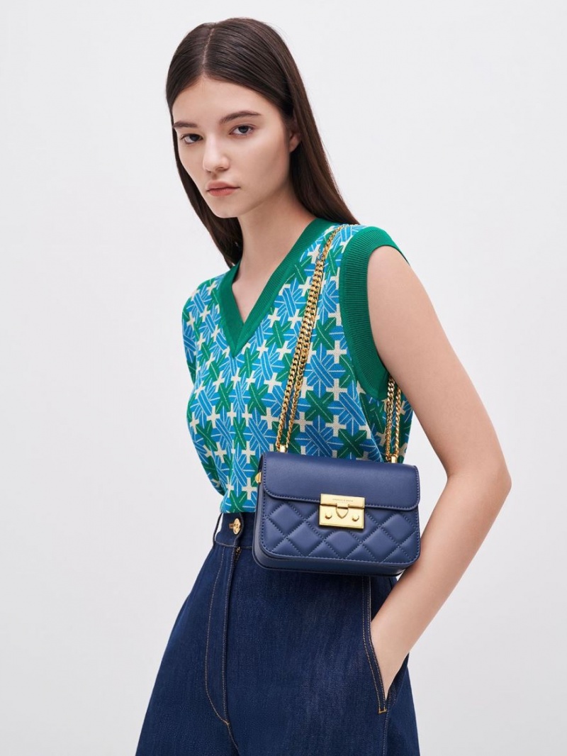 Charles And Keith Metallic Push-Lock Chain Shoulder Bags Navy | PHILIPPINES M084