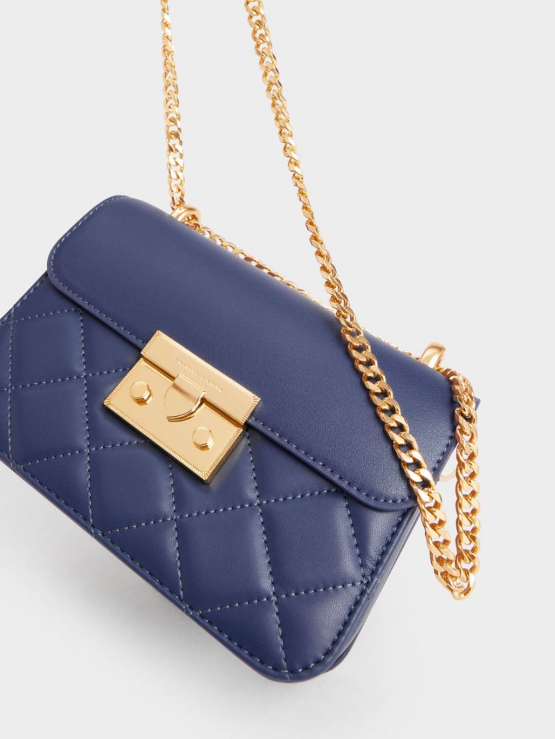 Charles And Keith Metallic Push-Lock Chain Shoulder Bags Navy | PHILIPPINES M084