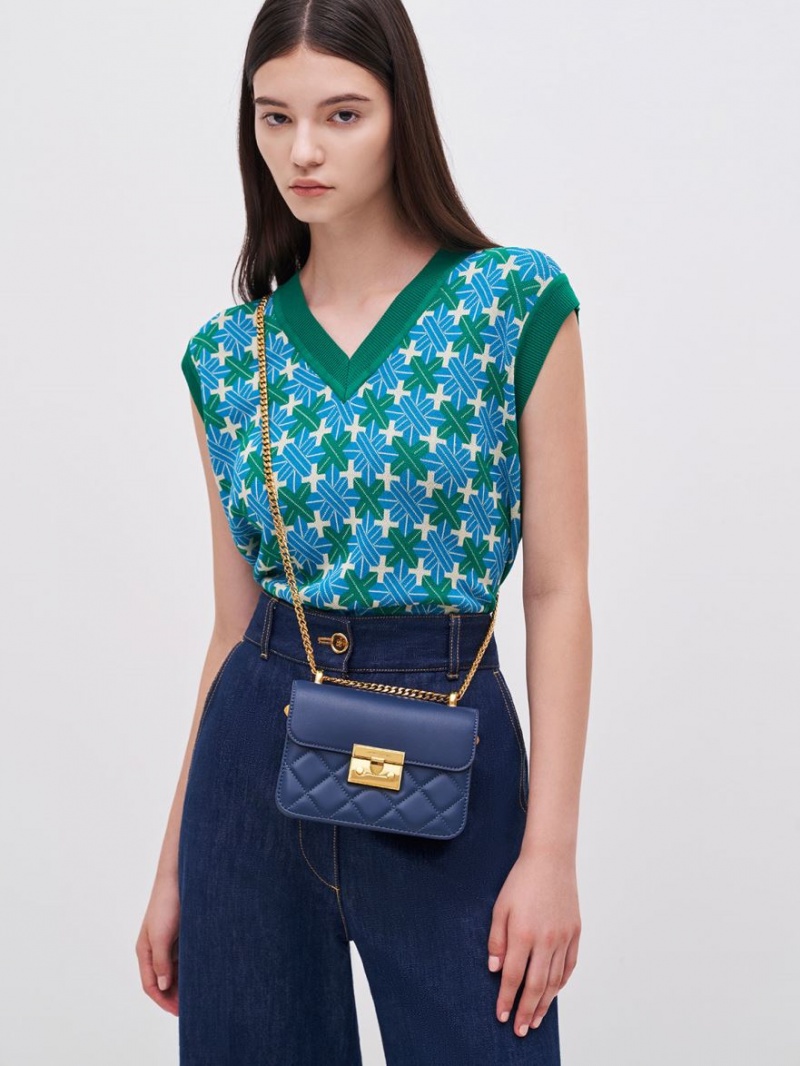 Charles And Keith Metallic Push-Lock Chain Shoulder Bags Navy | PHILIPPINES M084