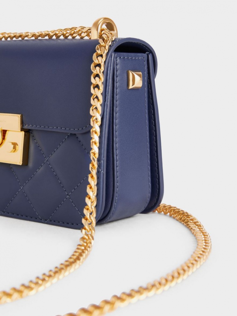 Charles And Keith Metallic Push-Lock Chain Shoulder Bags Navy | PHILIPPINES M084