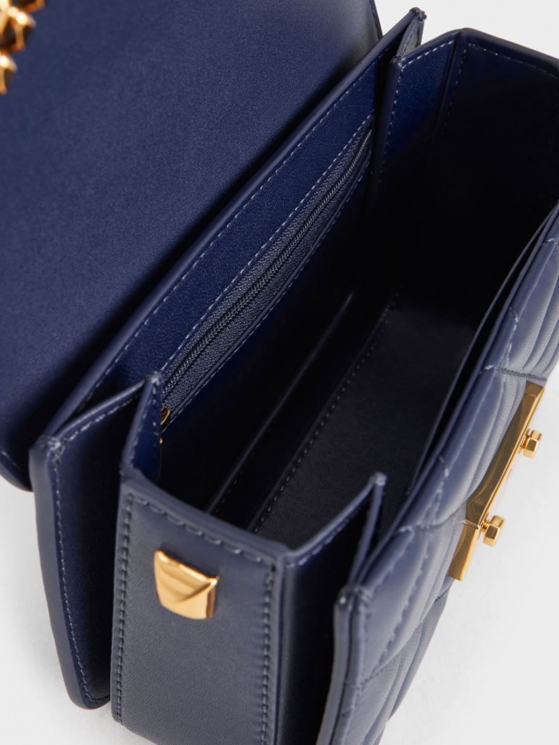 Charles And Keith Metallic Push-Lock Chain Shoulder Bags Navy | PHILIPPINES M084