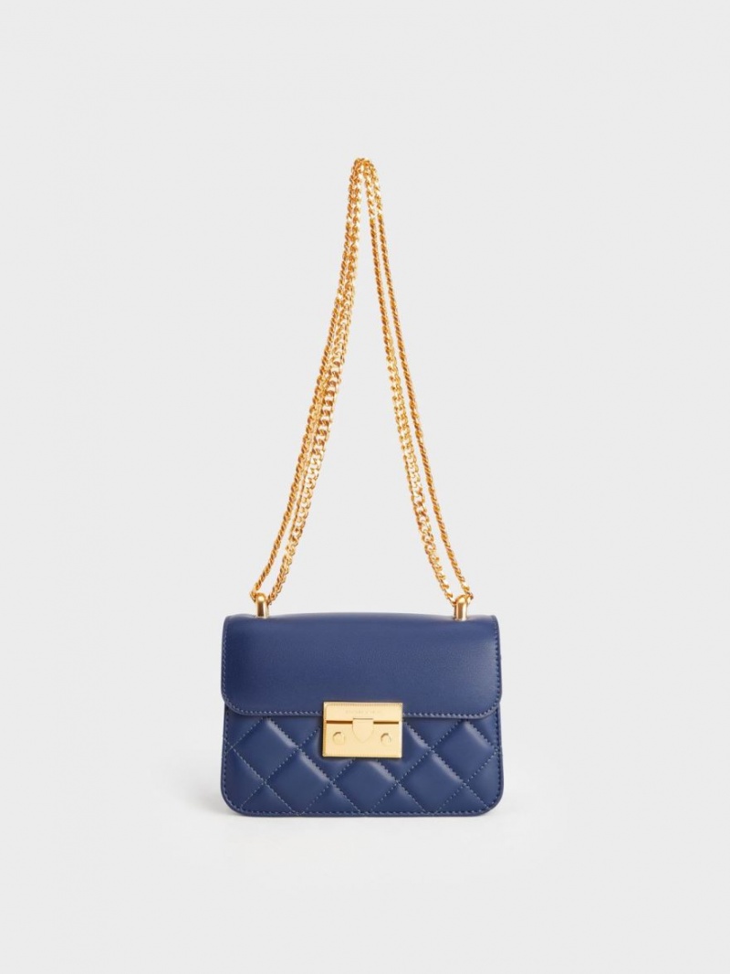 Charles And Keith Metallic Push-Lock Chain Shoulder Bags Navy | PHILIPPINES M084