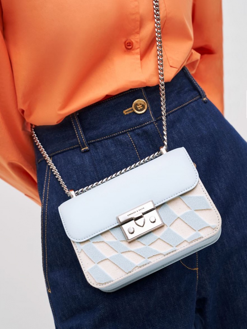 Charles And Keith Metallic Push-Lock Checkered Chain Crossbody Bags Light Blue | PHILIPPINES K672