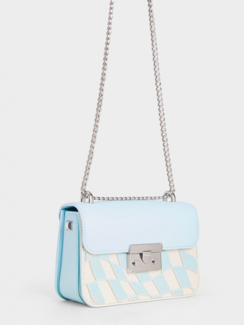 Charles And Keith Metallic Push-Lock Checkered Chain Crossbody Bags Light Blue | PHILIPPINES K672