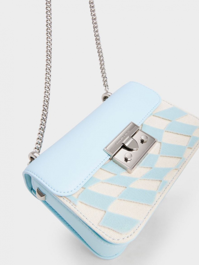 Charles And Keith Metallic Push-Lock Checkered Chain Crossbody Bags Light Blue | PHILIPPINES K672