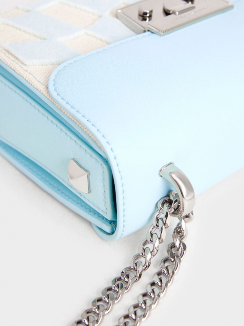 Charles And Keith Metallic Push-Lock Checkered Chain Crossbody Bags Light Blue | PHILIPPINES K672