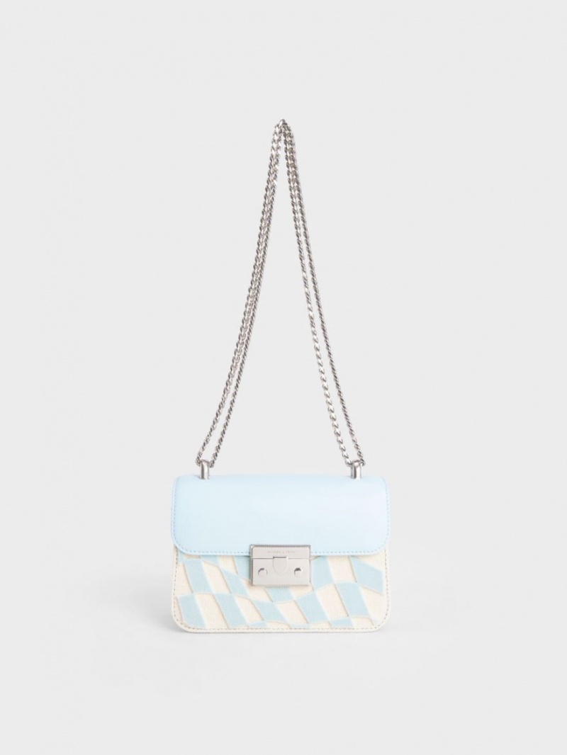 Charles And Keith Metallic Push-Lock Checkered Chain Crossbody Bags Light Blue | PHILIPPINES K672