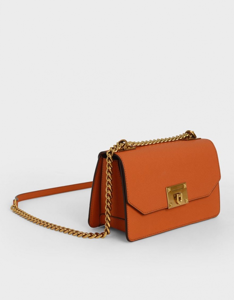 Charles And Keith Metallic Push-Lock Crossbody Bags Orange | PHILIPPINES O513