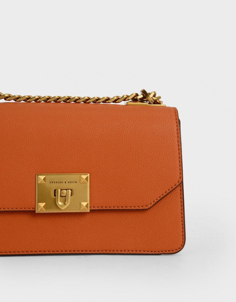 Charles And Keith Metallic Push-Lock Crossbody Bags Orange | PHILIPPINES O513