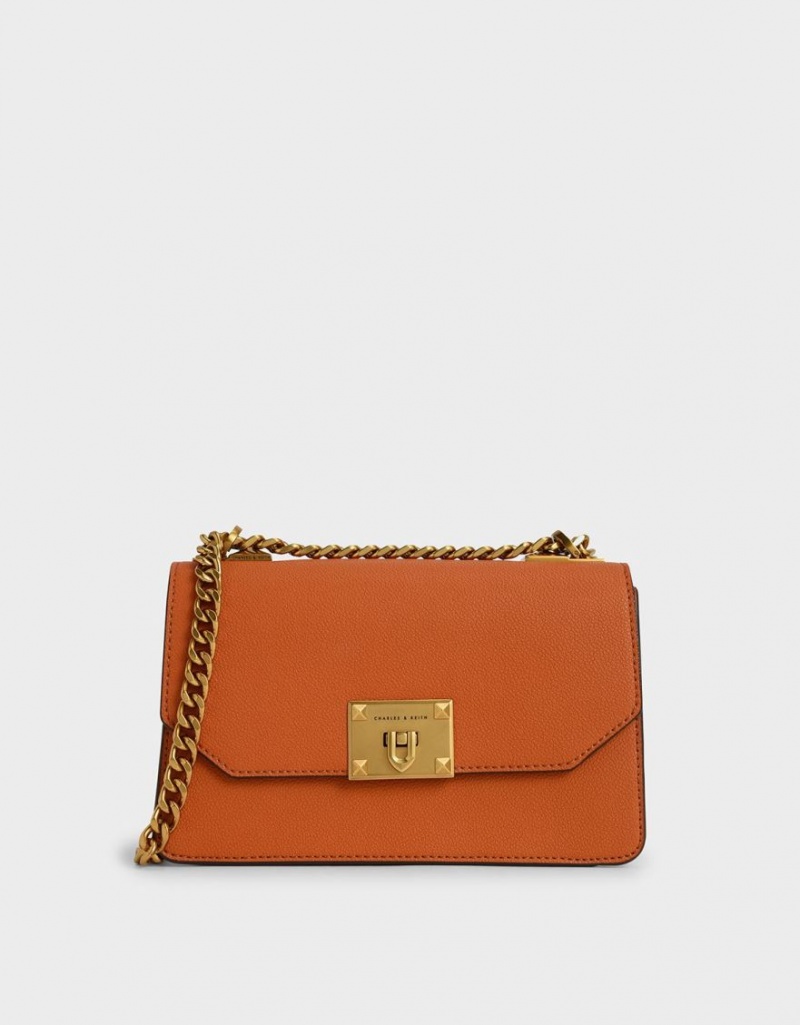 Charles And Keith Metallic Push-Lock Crossbody Bags Orange | PHILIPPINES O513