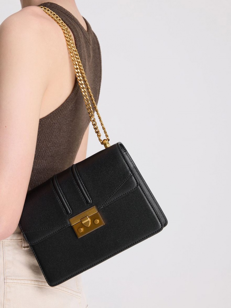 Charles And Keith Metallic Push-Lock Shoulder Bags Black | PHILIPPINES G239