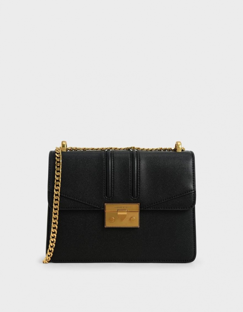 Charles And Keith Metallic Push-Lock Shoulder Bags Black | PHILIPPINES G239