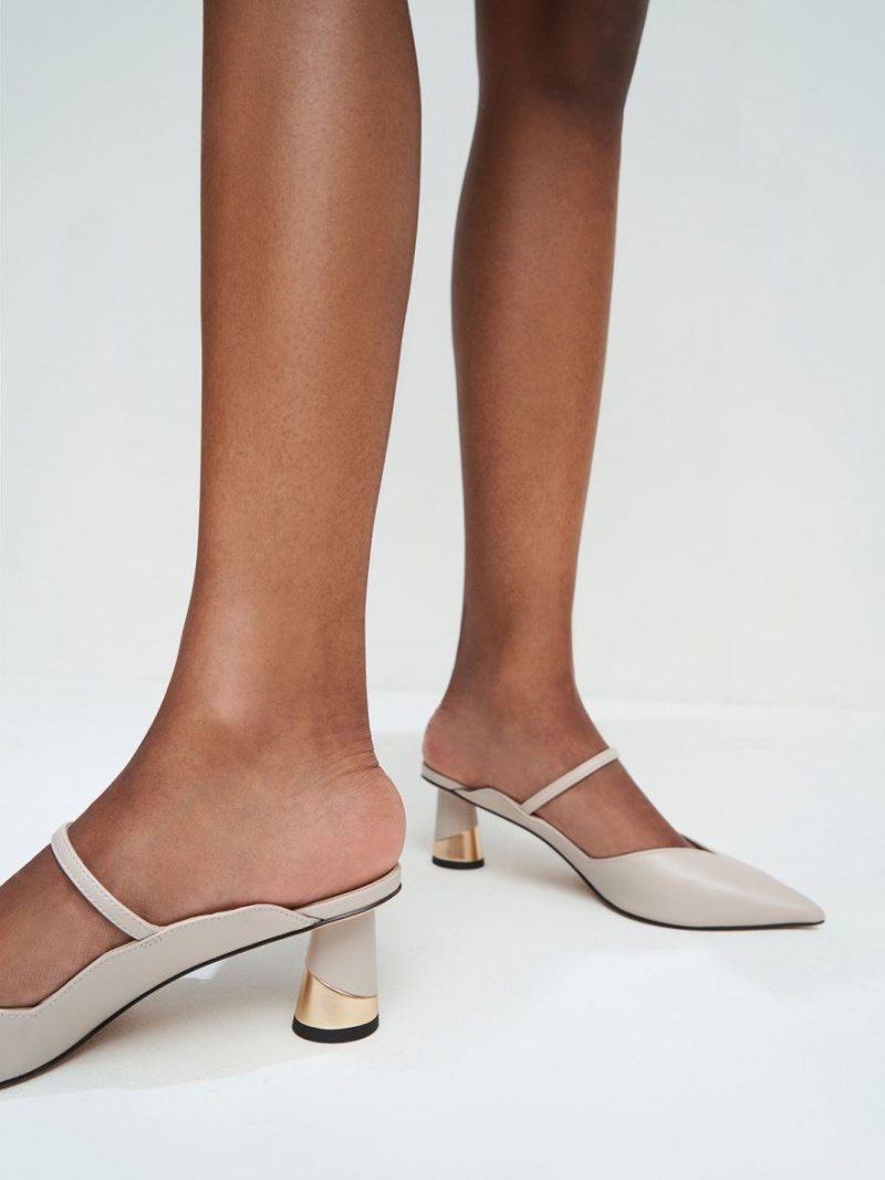 Charles And Keith Metallic Sculptural Heel Mules Cream | PHILIPPINES L503