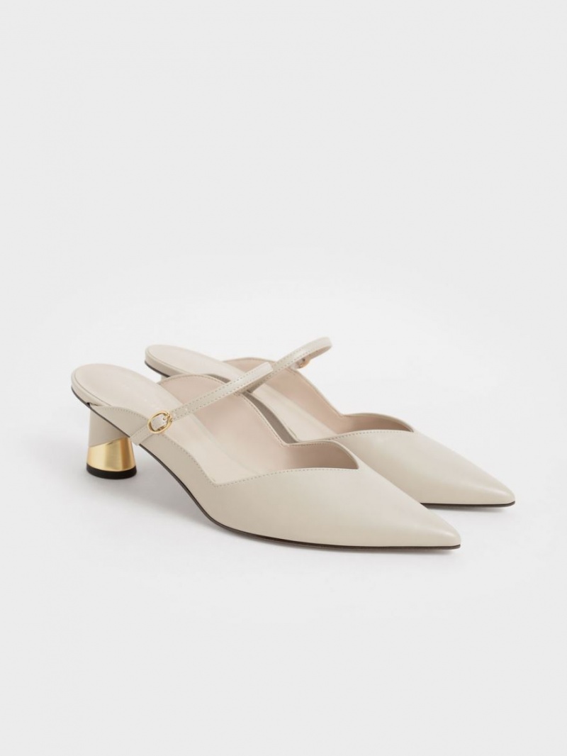 Charles And Keith Metallic Sculptural Heel Mules Cream | PHILIPPINES L503