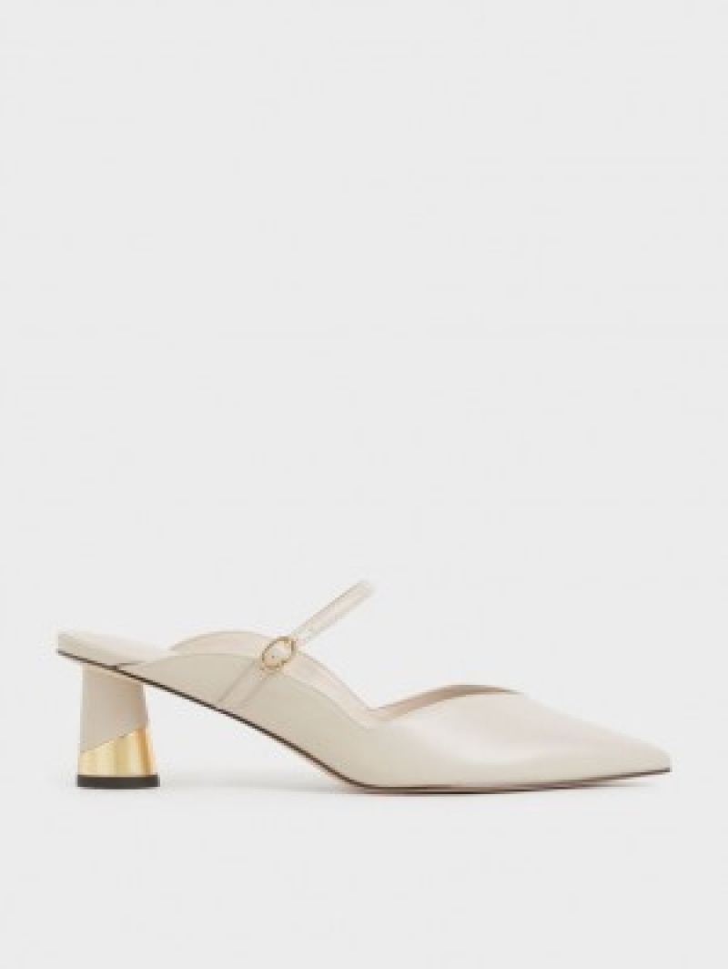 Charles And Keith Metallic Sculptural Heel Mules Cream | PHILIPPINES L503