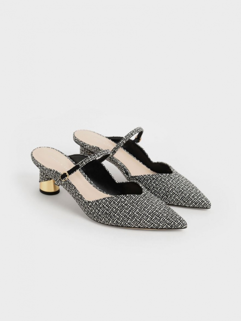 Charles And Keith Metallic Sculptural Heel Tweed Mules Multicolor | PHILIPPINES E069