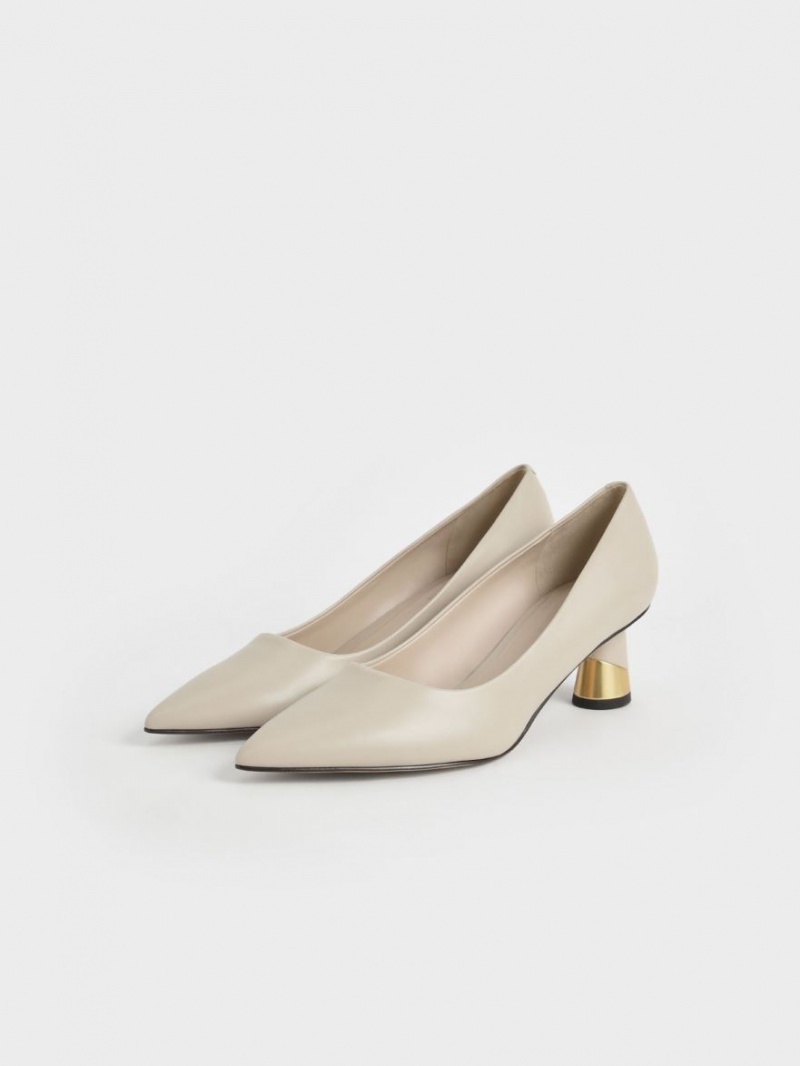 Charles And Keith Metallic Sculptural Heel Pumps Cream | PHILIPPINES J018