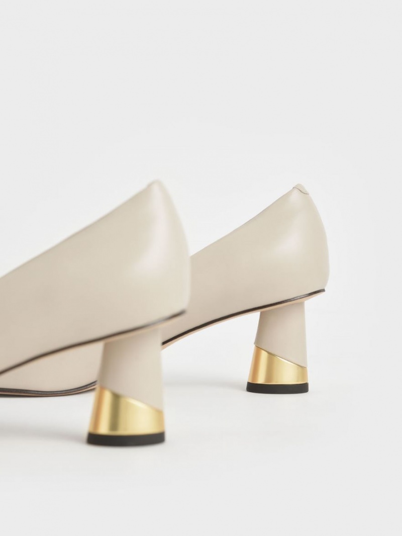 Charles And Keith Metallic Sculptural Heel Pumps Cream | PHILIPPINES J018