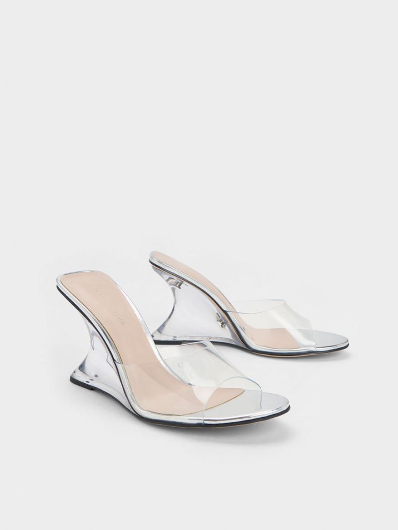 Charles And Keith Metallic Sculptural Heel Wedges Silver | PHILIPPINES M931