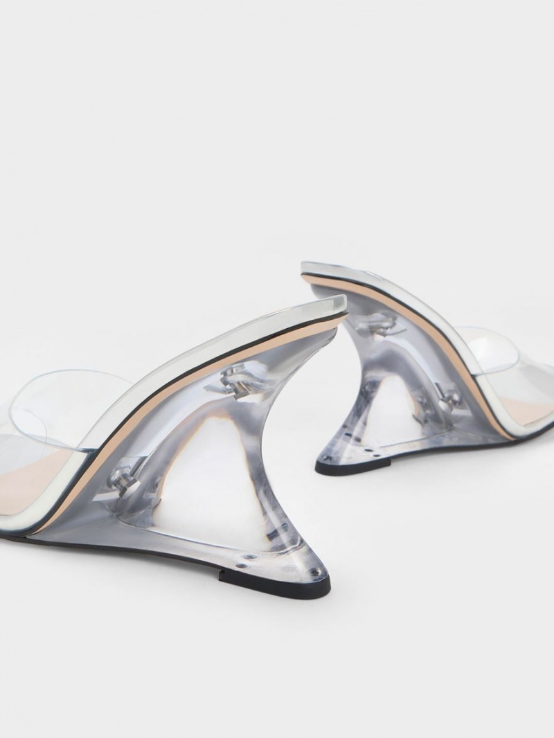 Charles And Keith Metallic Sculptural Heel Wedges Silver | PHILIPPINES M931