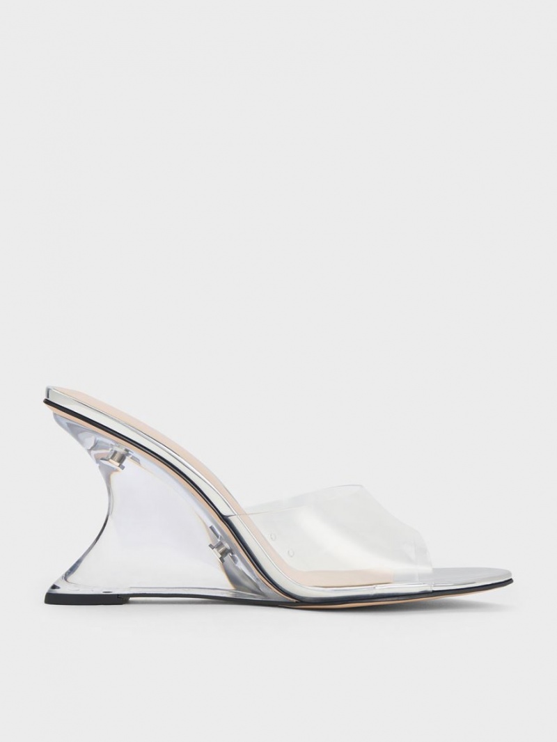 Charles And Keith Metallic Sculptural Heel Wedges Silver | PHILIPPINES M931