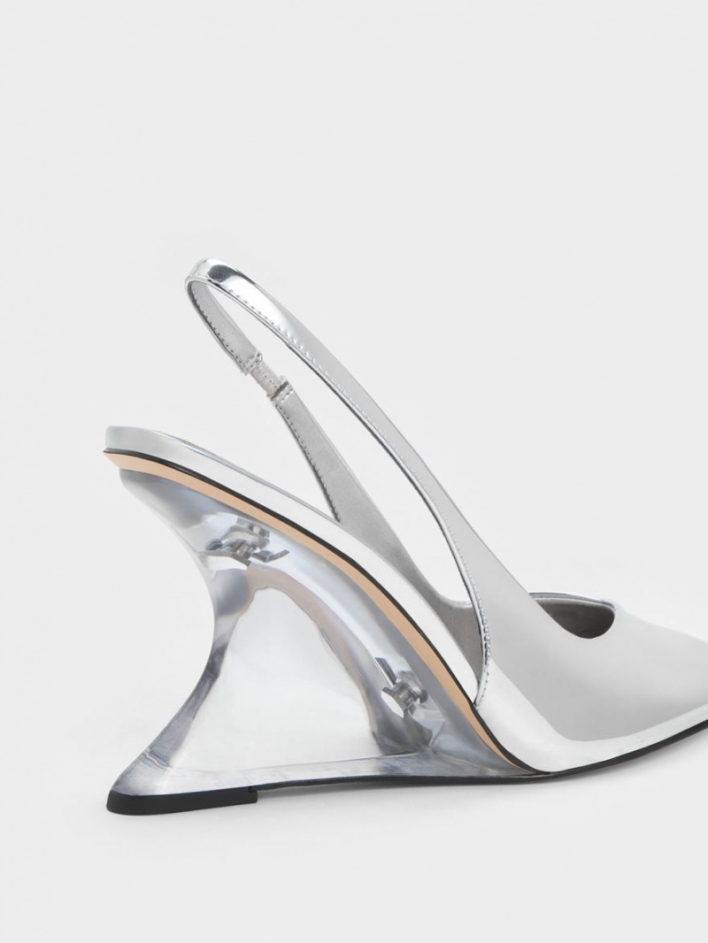 Charles And Keith Metallic Sculptural Slingback Wedges Silver | PHILIPPINES X396