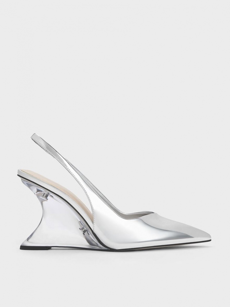 Charles And Keith Metallic Sculptural Slingback Wedges Silver | PHILIPPINES X396