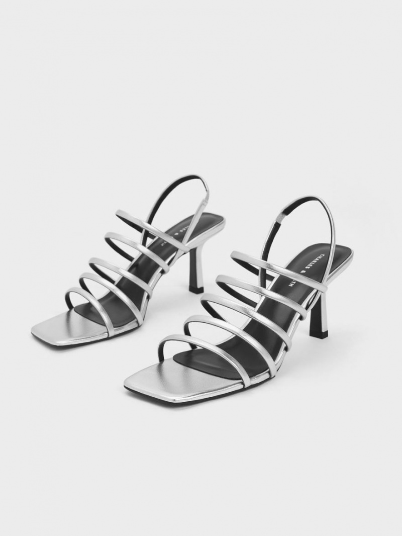 Charles And Keith Metallic Strappy Blade Heels Sandals Silver | PHILIPPINES F087