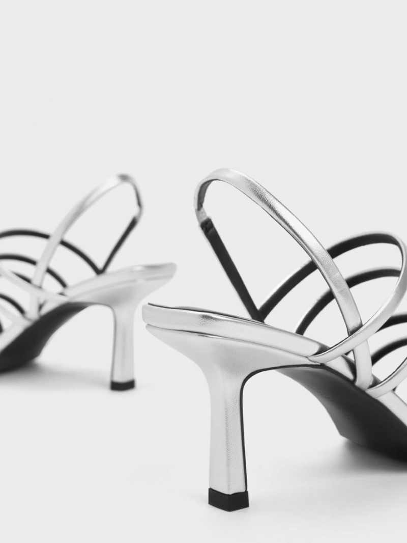 Charles And Keith Metallic Strappy Blade Heels Sandals Silver | PHILIPPINES F087