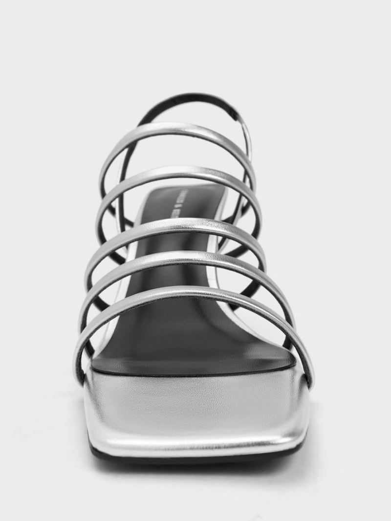 Charles And Keith Metallic Strappy Blade Heels Sandals Silver | PHILIPPINES F087