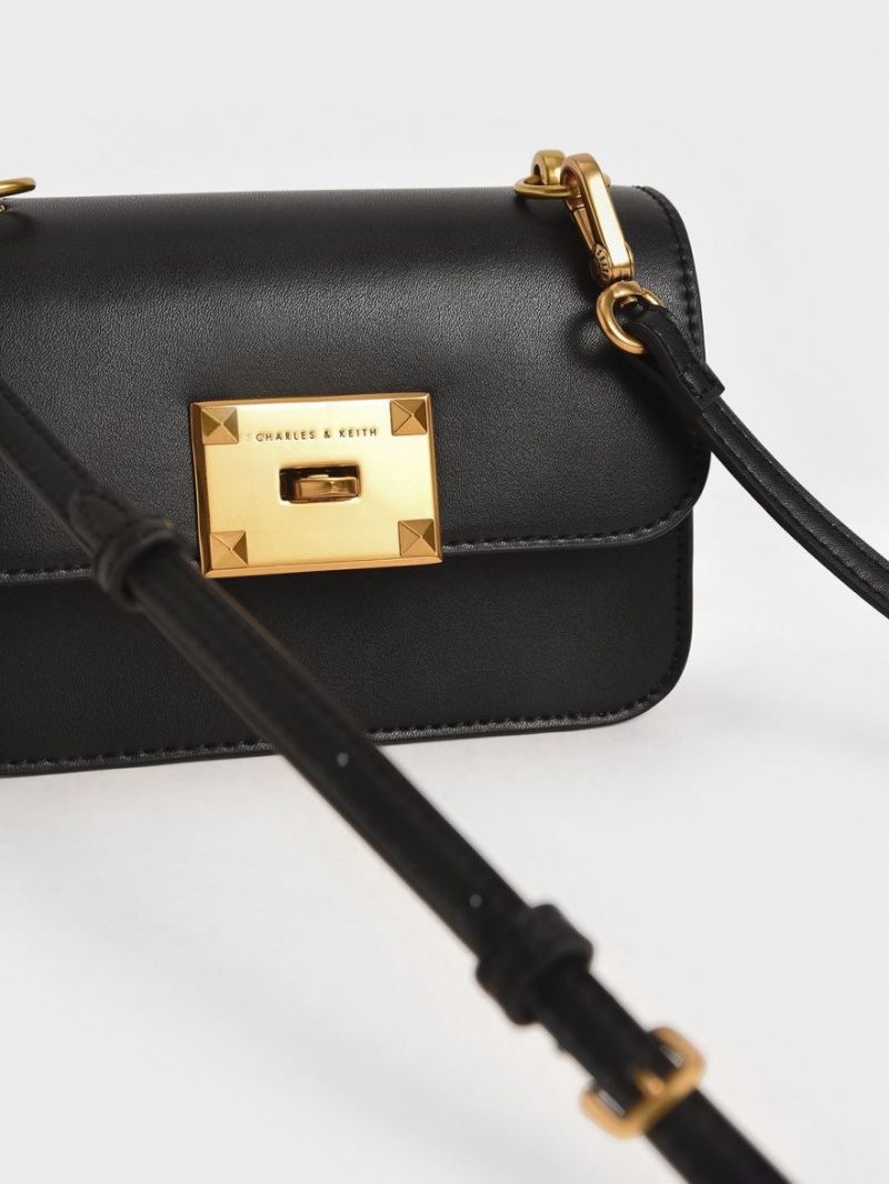 Charles And Keith Metallic Turn-Lock Shoulder Bags Black | PHILIPPINES L923