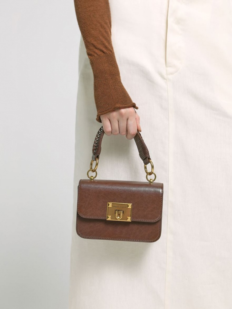 Charles And Keith Metallic Turn-Lock Shoulder Bags Chocolate | PHILIPPINES Q132