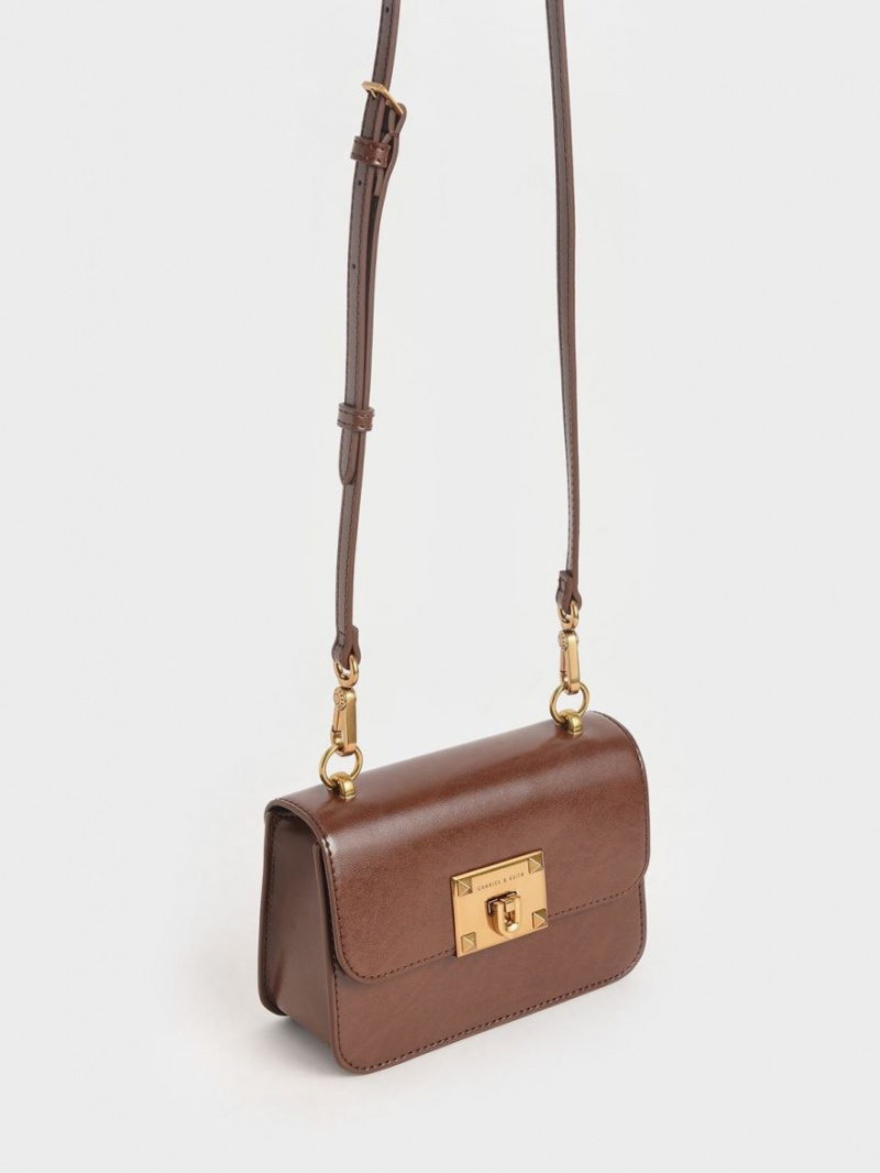 Charles And Keith Metallic Turn-Lock Shoulder Bags Chocolate | PHILIPPINES Q132