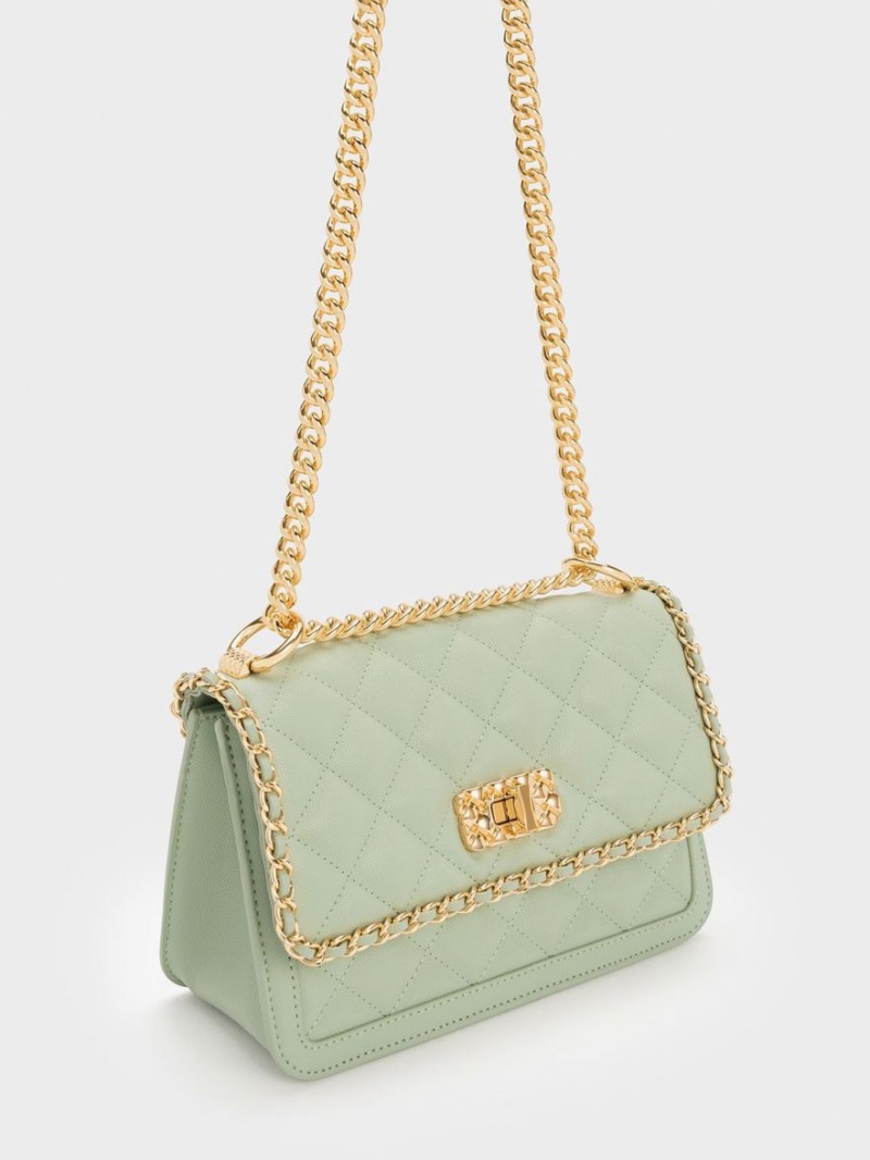 Charles And Keith Micaela Quilted Braided Chain Shoulder Bags Green | PHILIPPINES I284