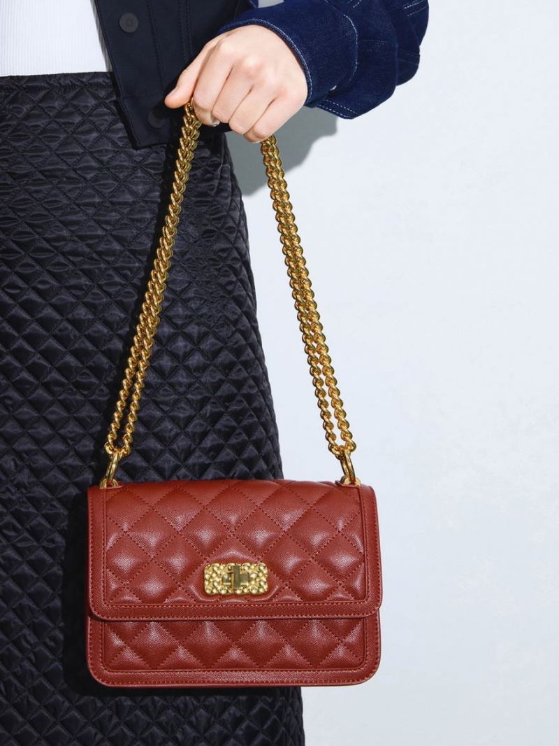 Charles And Keith Micaela Quilted Chain Shoulder Bags Dark Red | PHILIPPINES D492