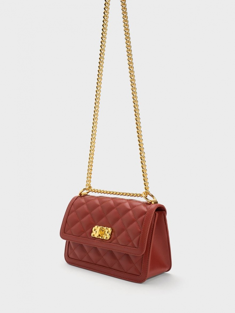 Charles And Keith Micaela Quilted Chain Shoulder Bags Dark Red | PHILIPPINES D492