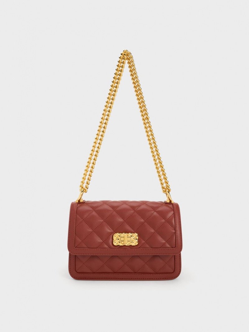 Charles And Keith Micaela Quilted Chain Shoulder Bags Dark Red | PHILIPPINES D492