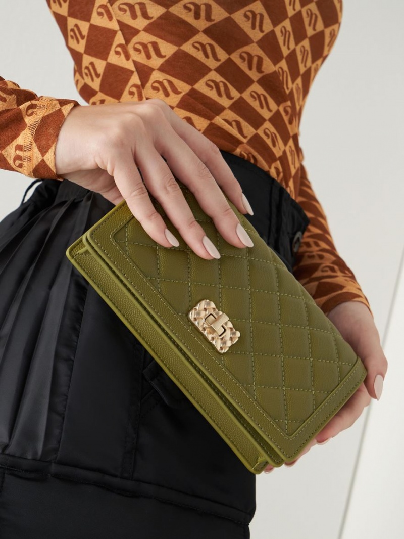 Charles And Keith Micaela Quilted Long Wallets Olive | PHILIPPINES R528