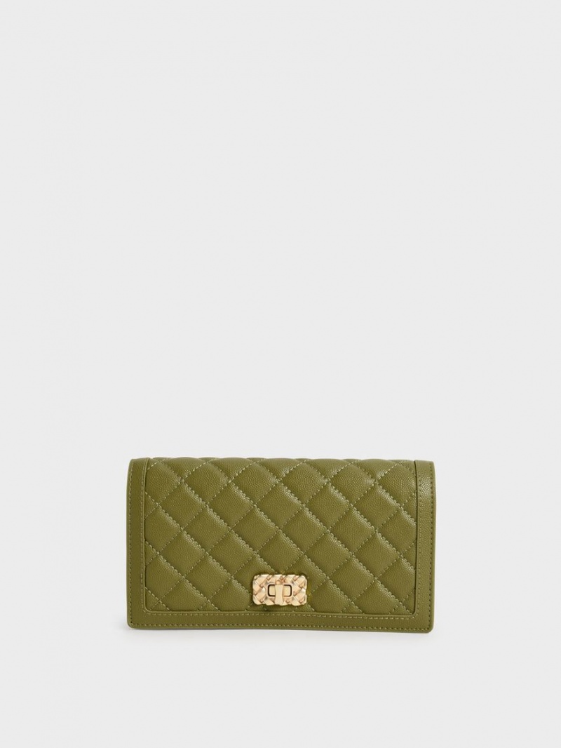 Charles And Keith Micaela Quilted Long Wallets Olive | PHILIPPINES R528