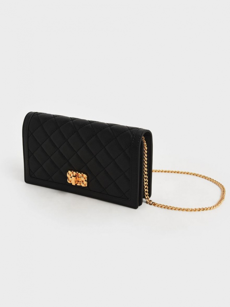 Charles And Keith Micaela Quilted Long Wallets Black | PHILIPPINES A031