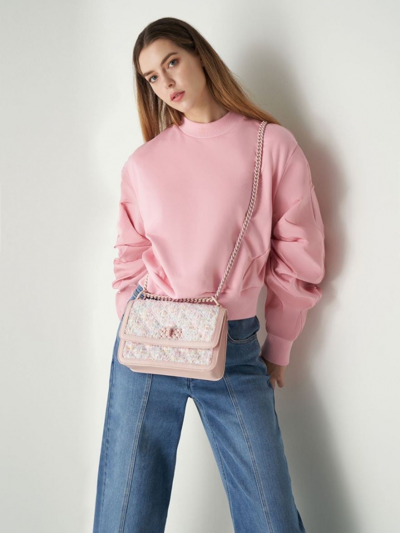 Charles And Keith Micaela Tweed Quilted Chain Crossbody Bags Light Pink | PHILIPPINES Y925