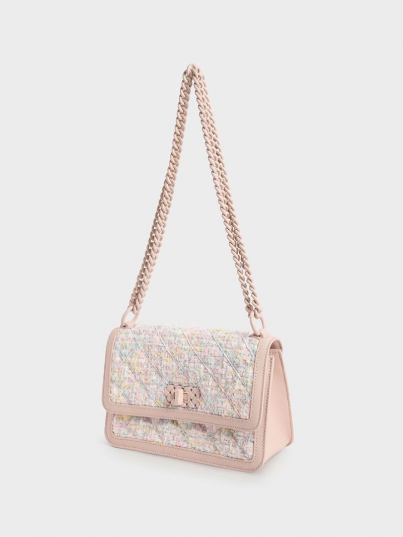 Charles And Keith Micaela Tweed Quilted Chain Crossbody Bags Light Pink | PHILIPPINES Y925