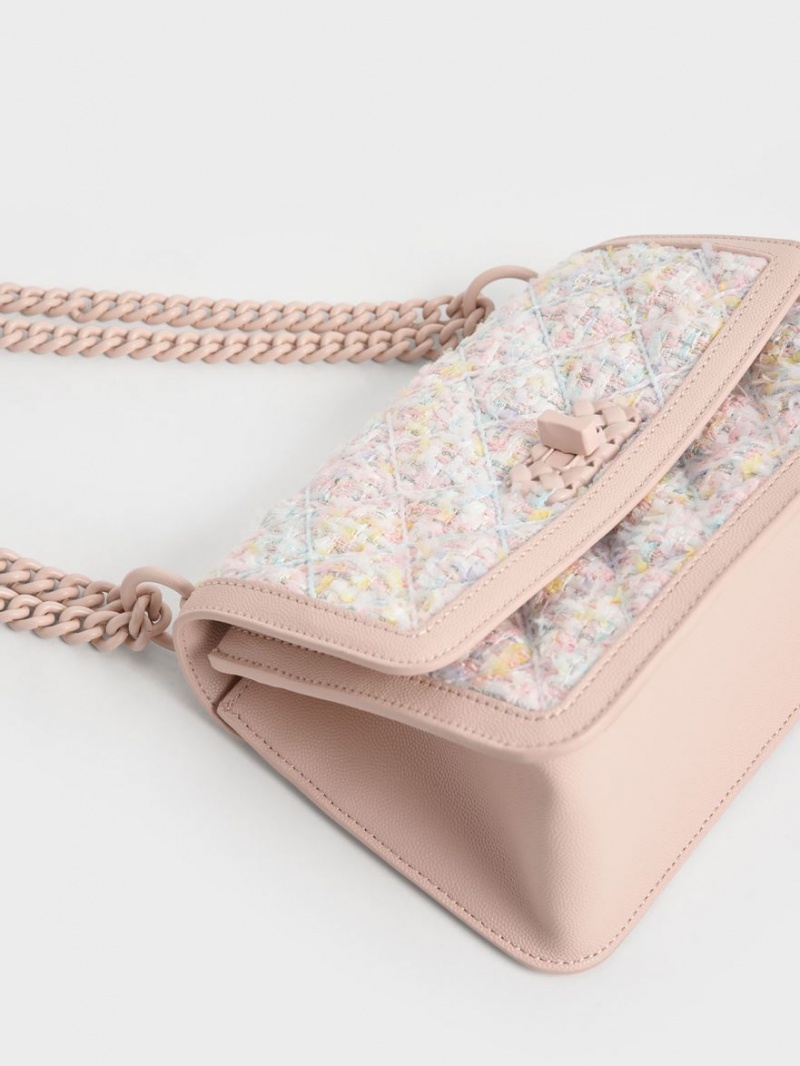 Charles And Keith Micaela Tweed Quilted Chain Crossbody Bags Light Pink | PHILIPPINES Y925